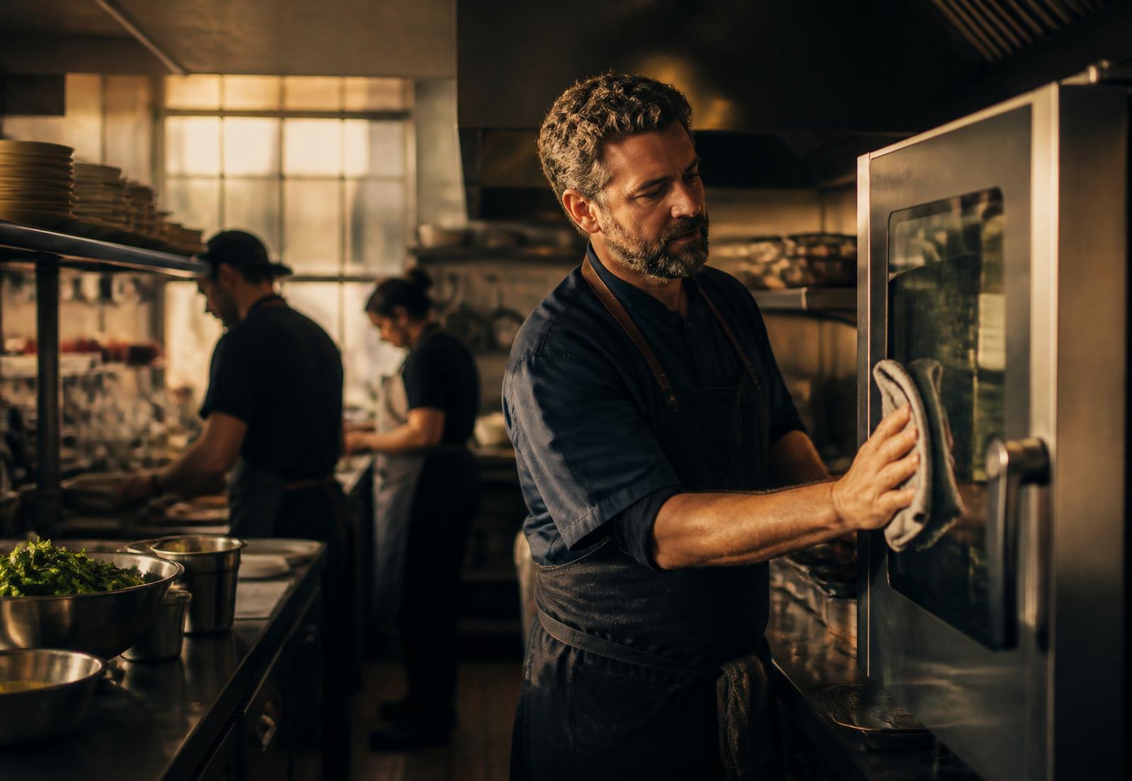 Restaurant owner in an apron wiping down a new commercial combi oven in a busy kitchen